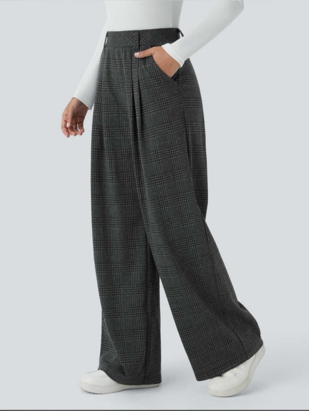 Petite XL - Wide Leg Plaid Trousers - Dark Gray - With Stretch